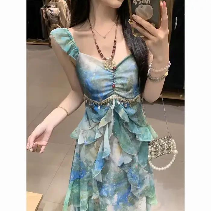 Robe imprimée à bretelles pour vacances, tempérament français d'été, nouvelle collection d'été