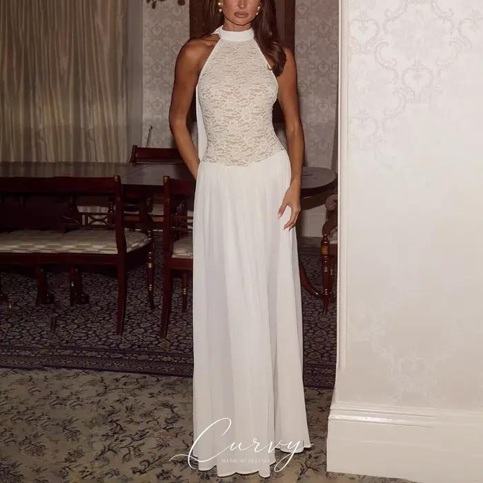 Robes de mariée personnalisées en dentelle à col halter pour femmes, en mousseline de soie, dos nu, 