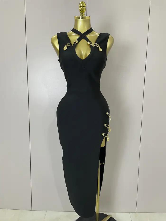 Robe longue sans manches pour femmes, élégante, amincissante, noire, à la mode, célébrité, soirée, l