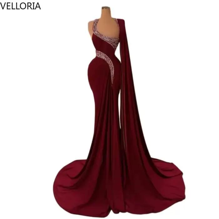 Robe de soirée arabe bordeaux, avec Cape, manches longues, perles et cristaux, robe de bal sirène, a