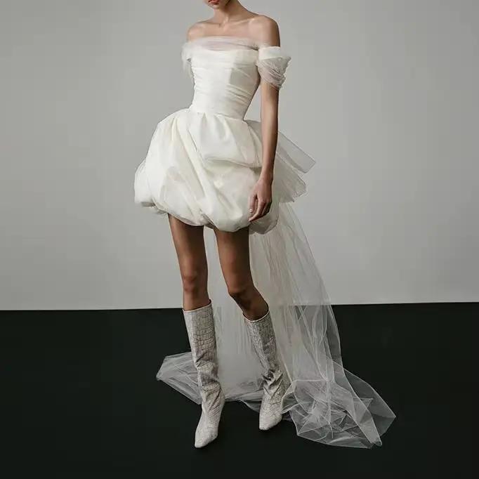Robe de Mariée Courte Classique et Élégante, Col Bateau, Patients Simples, Dos aux, Sexy, Éducative,