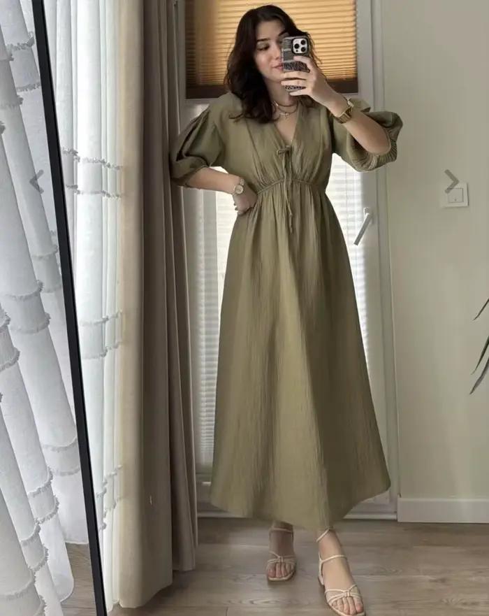 Robes élégantes pour femmes Vintage mode Robe Sexy solide à lacets manches bouffantes col en V Robe 