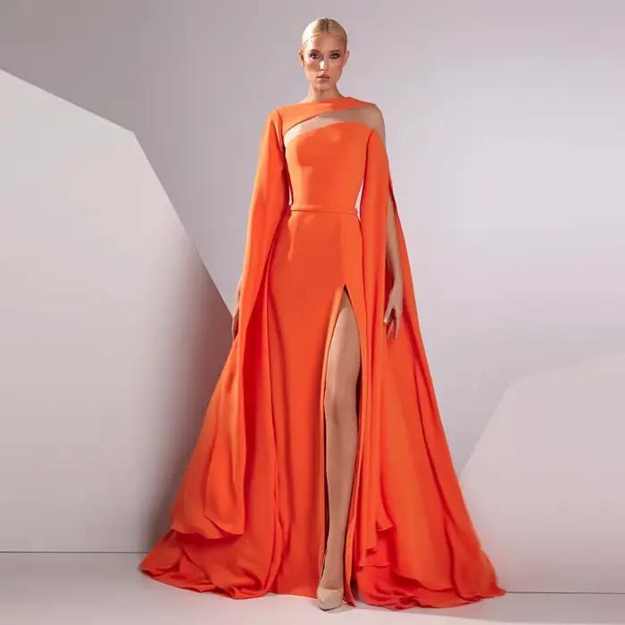 Robe d'invité de mariage en satin orange pour femmes, volants de luxe, fourche avant, célébrité, lig