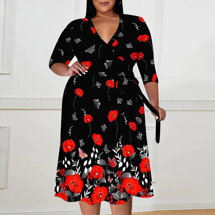 Robe grande taille pour femmes courbées, col en v, manches 3/4, jupe trapèze avec ceinture