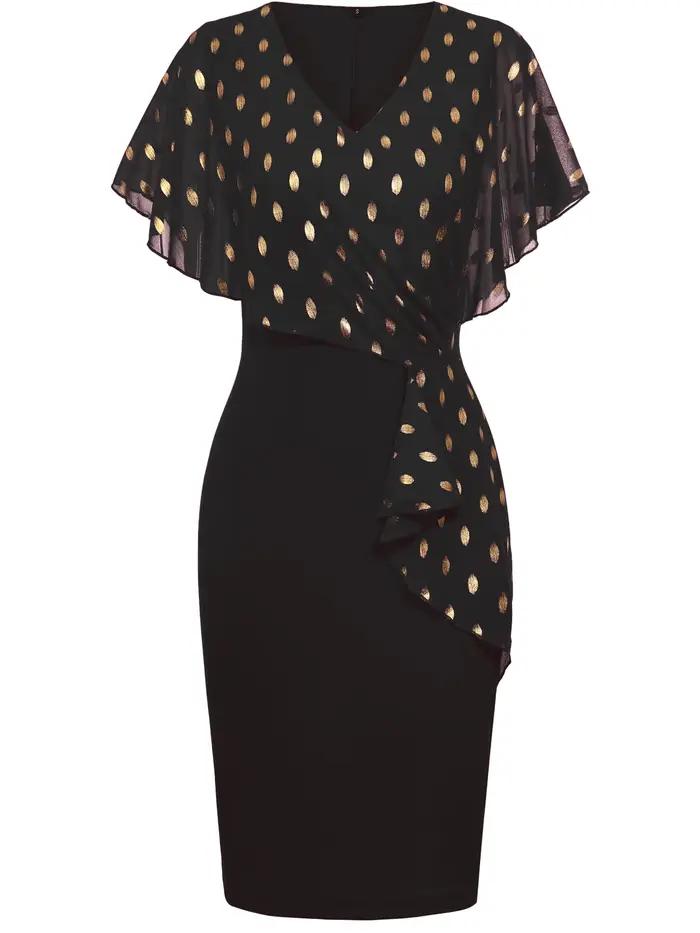 Robe fourreau moulante en mousseline de soie pour femme, style cape à volants, col en V, à pois, lon