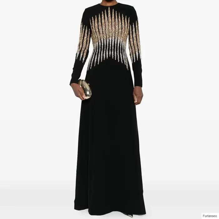 Robe de soirée luxueuse trapèze pour femmes, longueur au sol, col rond, manches longues, robe de bal