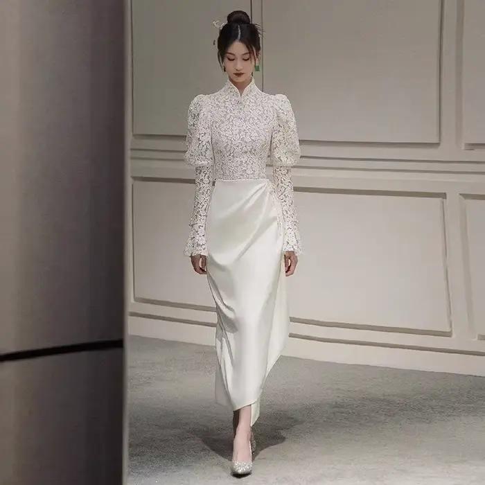 Robe de Mariée Française en Dentelle Légère avec Surface en Satin, Tenue Vintage Cheongsam à Manches