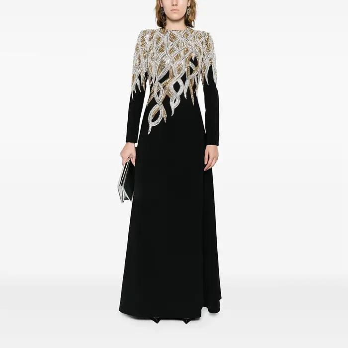Robes de soirée luxueuses col rond élégantes manches longues perles cristal robes de soirée longueur