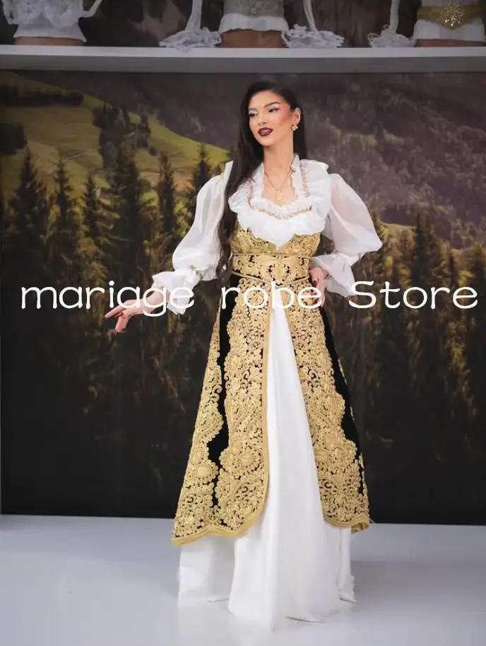 Caftan albain blanc et noir pour mariée, robes de soirée formelles, appliques dorées, robes de bal t