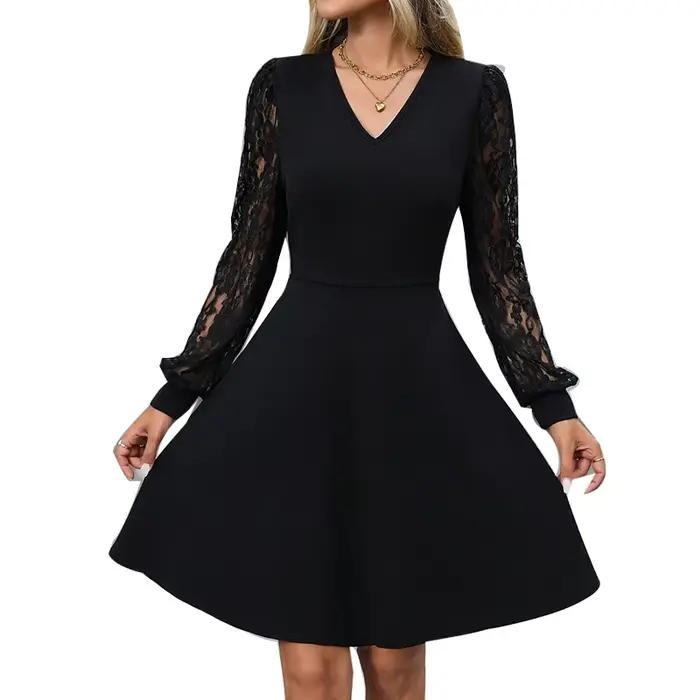 Robe élégante en dentelle à manches longues pour femmes, noire, moyenne et longue, en forme de A, vê