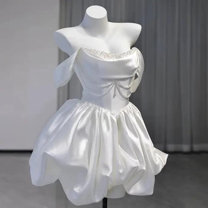 Mini robes de soirée de mariage courtes coréennes, sans bretelles, en taffetas perlé, boléro, Corset