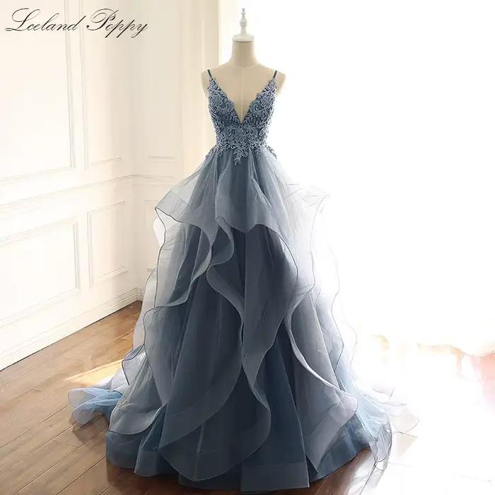 Lceland-Robe de Soirée Trapèze Personnalisée, Col en V, Perlée, Longueur au Sol, Appliques en Dentel