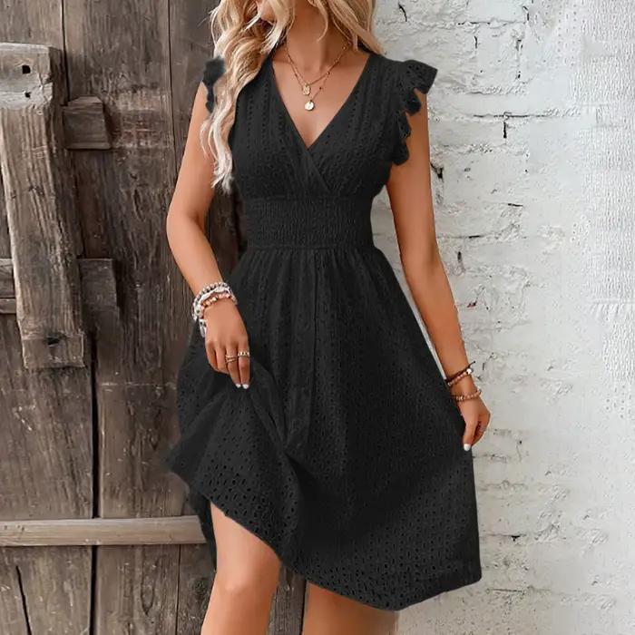 Robe courte en dentelle pour femmes, sexy, col en V, manches évasées, couleur unie, amissié, taille 