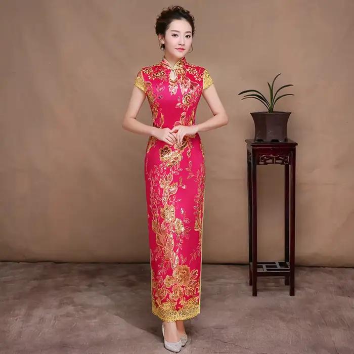 Robe longue rouge à paillettes pour femmes, nouvel an chinois, cheongsams, qipao, robe de mariée, ta