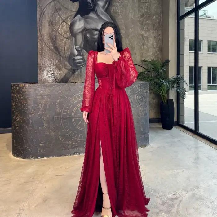 Robe de soirée élégante pour femme, col carré en dentelle, couleur unie, longueur ras du sol, taille