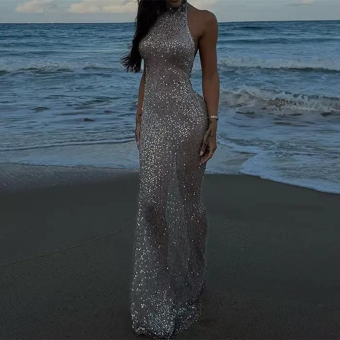 Robe longue sans manches à paillettes pour femme, col suspendu, dos nu, transparente, Slim, élégante