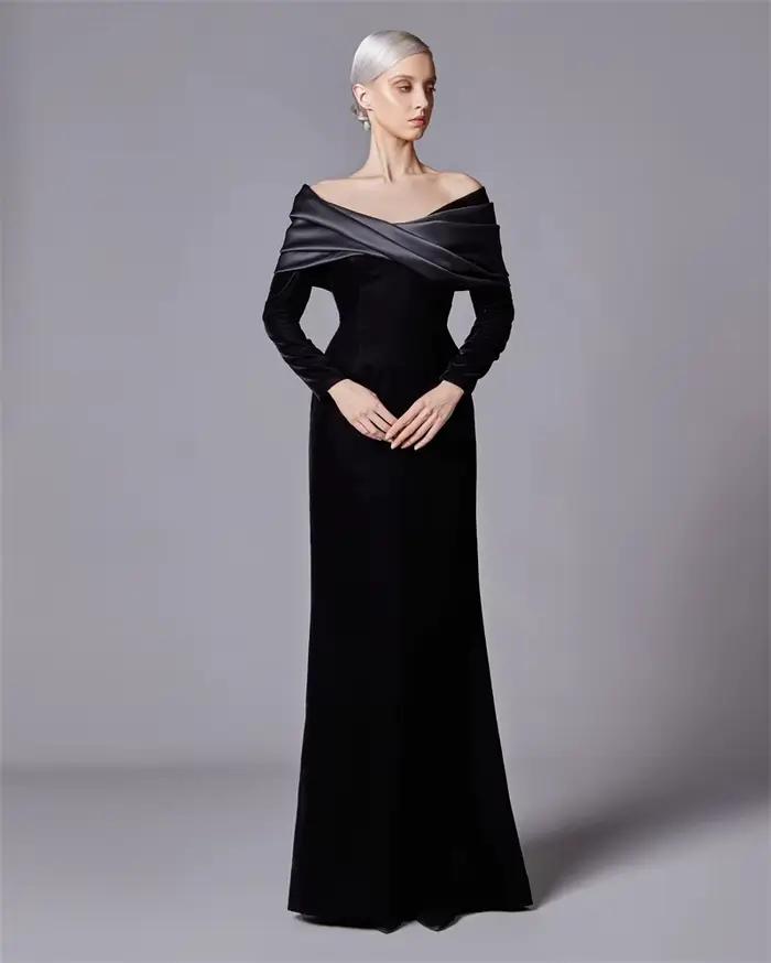Robe de Rhfroncée en velours noir moderne, robes de soirée cocktail, manches longues, occasion spéci