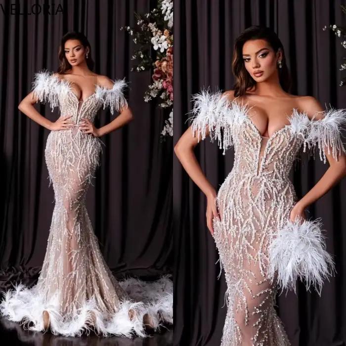 Robe de soirée élégante, épaules dénudées, plumes Sexy, paillettes, dentelle, robe de bal, longueur 