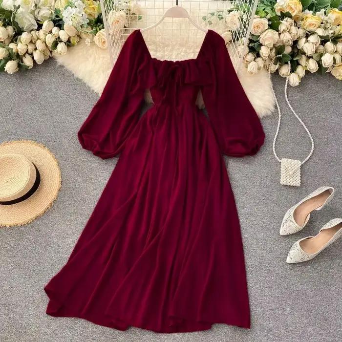Robe maxi chic et élégante à col carré pour femmes, robe en mousseline de soie unie à manches bouffa