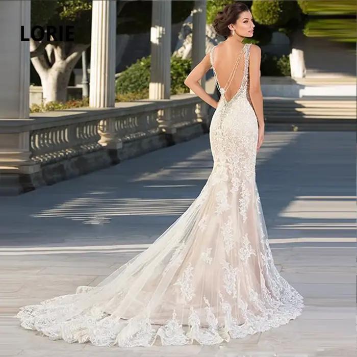 LORIE-Robes de mariée sirène champagne avec train de balayage, appliques en dentelle, perles, patien