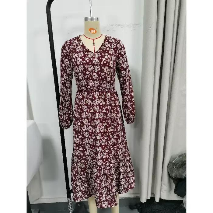 Robe midi florale pour femme, col en V, manches longues, imprimé bordeaux, ourlet à volants, taille 