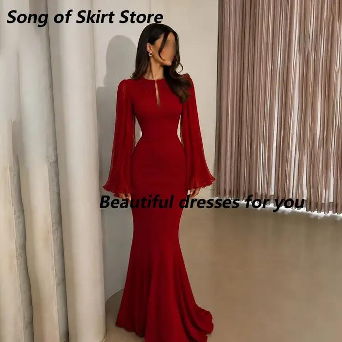 Robe de soirée sirène rouge élégante, personnalisée, col rond, manches longues, en jersey, longueur 