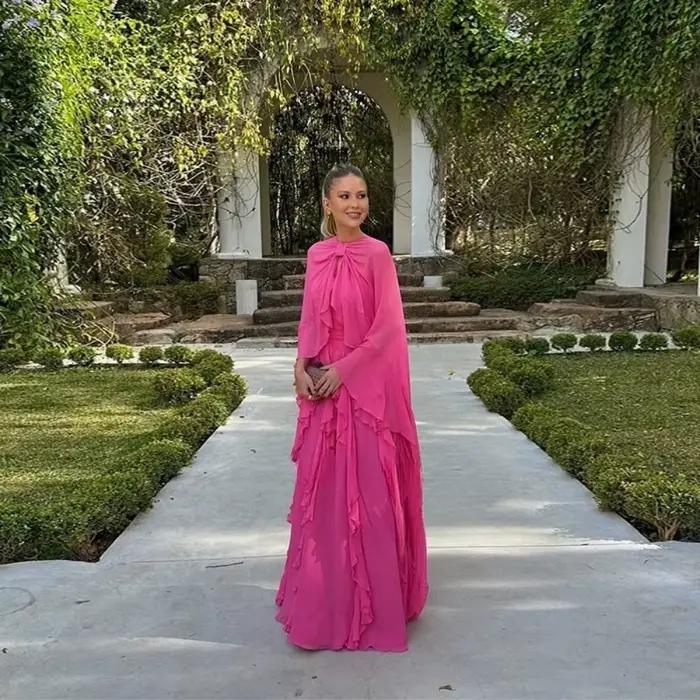 Robe de soirée de forme sirène, élégante, Fuchsia, à volants, en mousseline de soie, longueur au sol