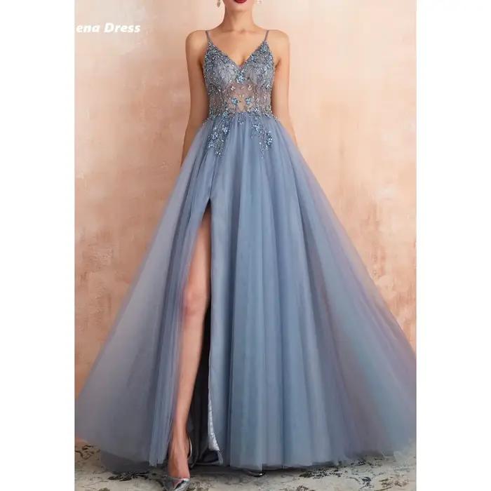 Lena-Robe de soirée en dentelle perlée pour femme, robes de gala élégantes pour les occasions spécia