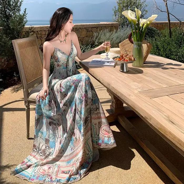Robe longue Vintage style bohémien français, col en v, belle, Sexy, dos nu, vacances en bord de mer,