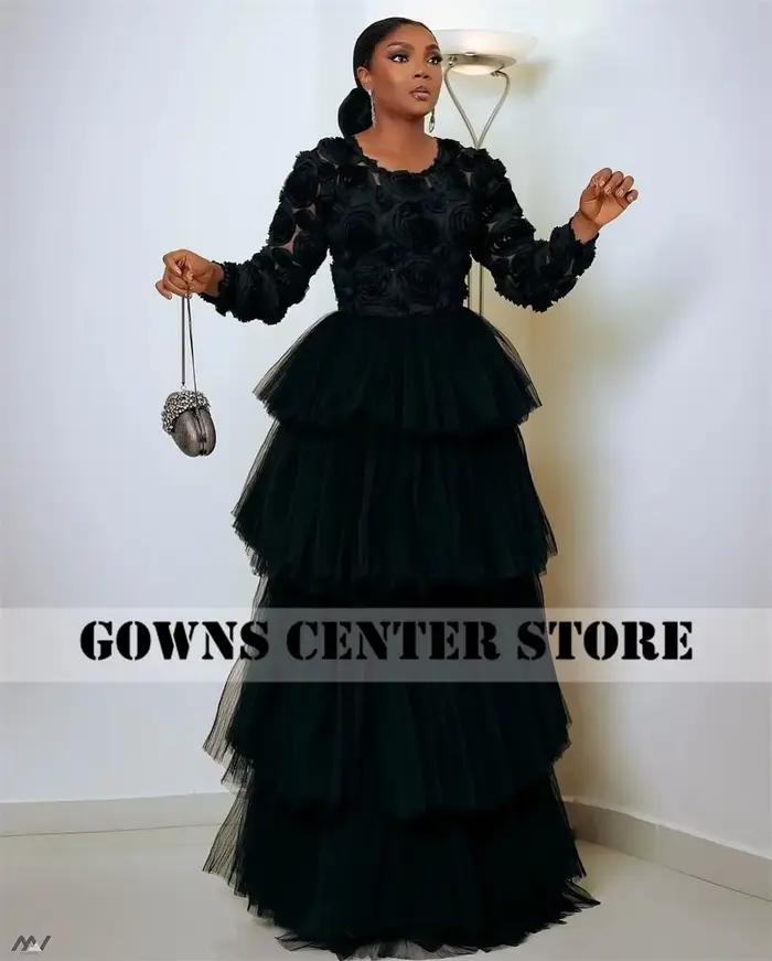 Robe de soirée noire Aso Ebi pour femme, manches longues, train en tulle à plusieurs niveaux, robe d