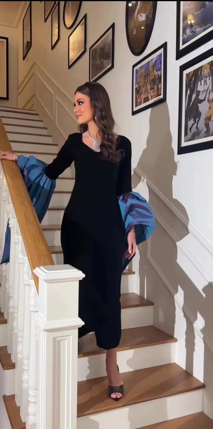 Asastationary-Robe de soirée noire à col en V, longueur rinçage, manches évasées bleues, élégante, o