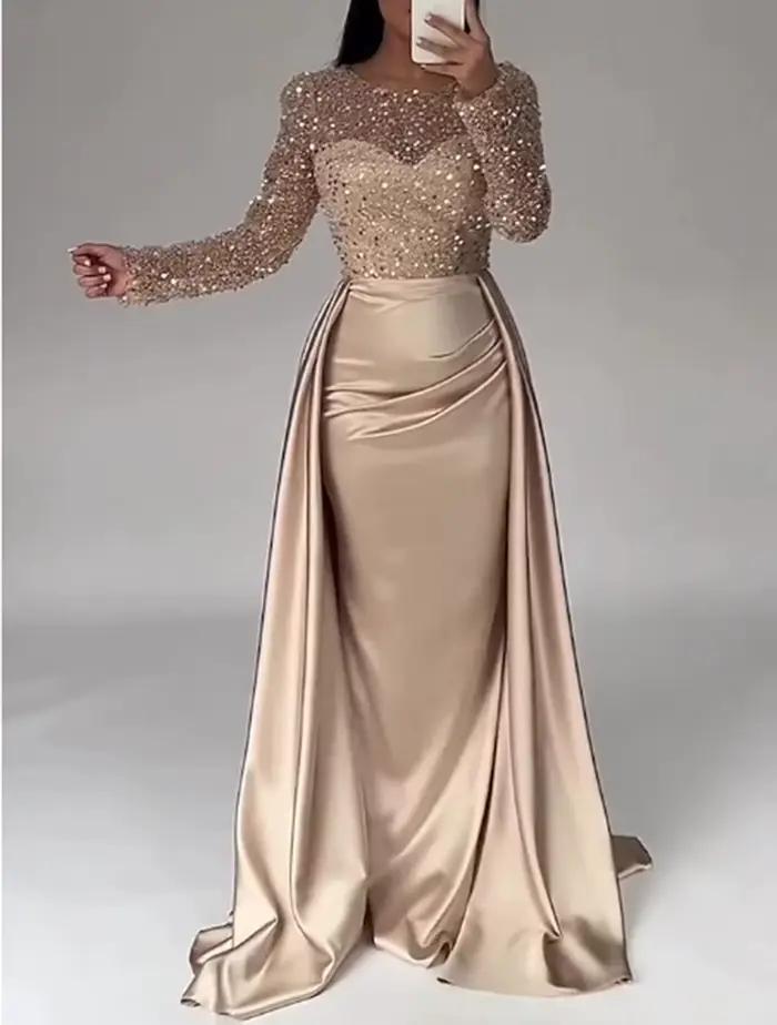 Robe de soirée élégante pour femmes, Chic, épissure de paillettes, col rond, manches longues, plissé