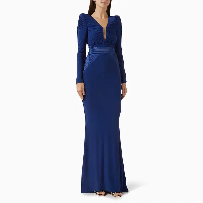 Robe de soirée de luxe, col en v, manches longues, Jersey plissé, style sirène, longueur au sol, rob