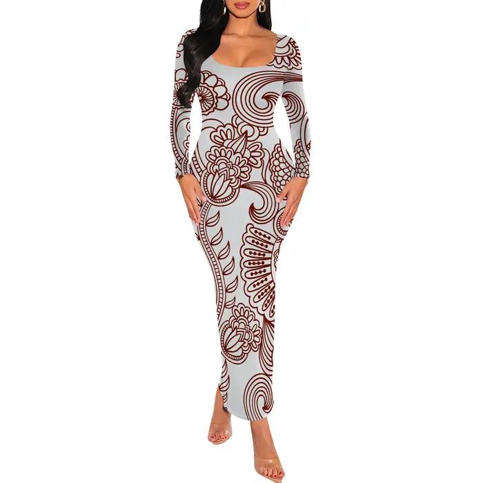 Robe longue à manches longues imprimée palmier bleu, vêtements de plage d'été pour vacances tropical