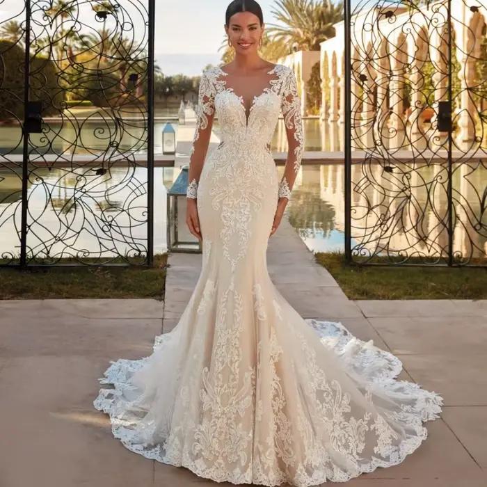 Robe de mariée sirène à col rond transparent Boho, appliques en dentelle classique, manches longues,