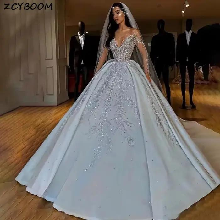 Luxe dubaï cristal perlé robe de bal robes de mariée chérie Illusion manches longues Court Train Tul