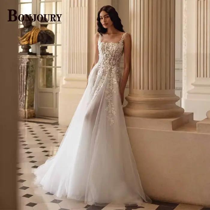 BONJOURY robes De mariée Chic pour femmes avec Appliques bretelles Spaghetti fermeture éclair a-lign