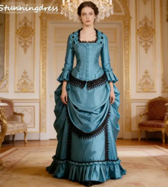 Robe de soirée bustle bleu sarcelle à la française des années 1880 avec manches cloche en dentelle n