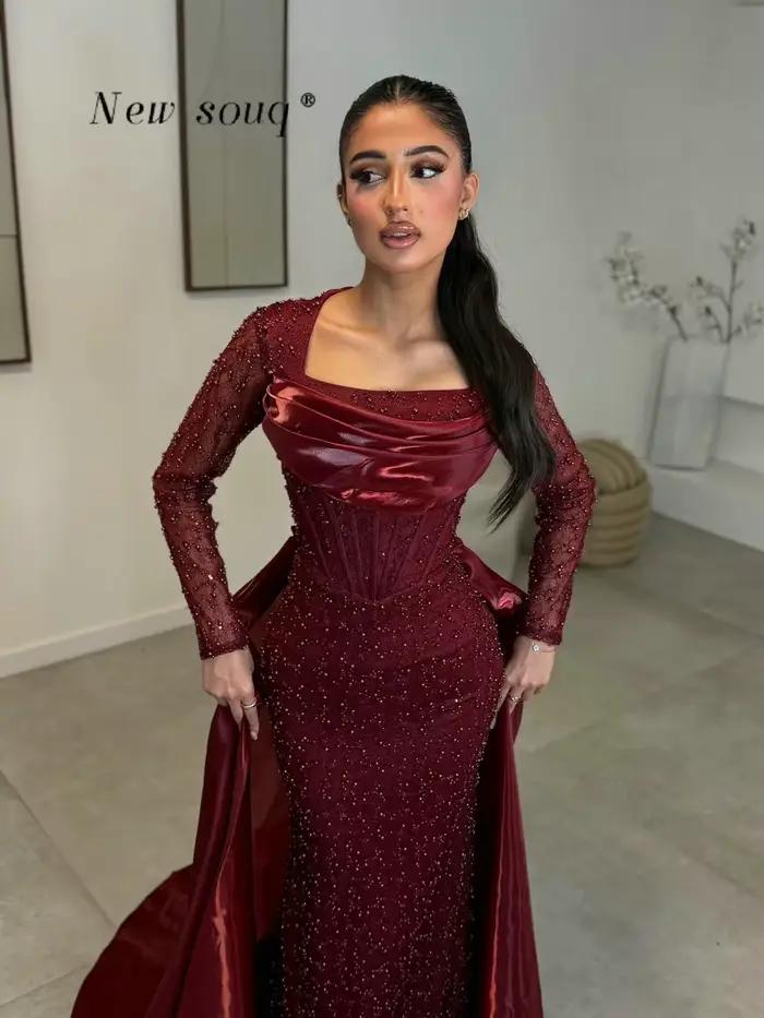 Robes de bal arabes marron chocolat à manches longues avec jupe brillante, robes de soirée formelles
