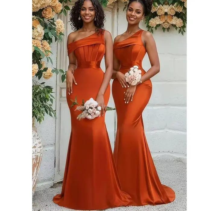 Robe de Demoiselle d'Honneur Sirène Orange à Une Épaule, Robe de Soirée Formelle pour Mariage, Robe 