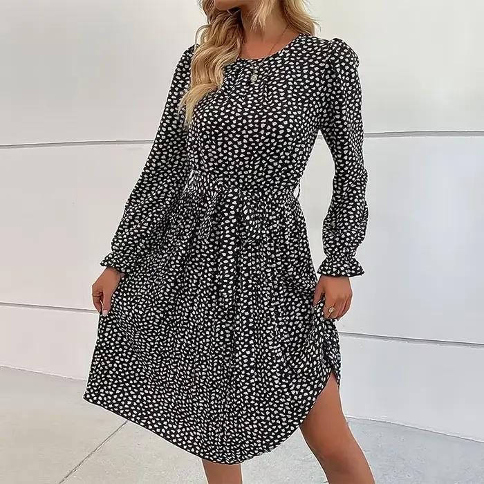 Robe imprimée léopard pour femmes, nouvelle mode, élégante, polyvalente, col rond, manches longues, 