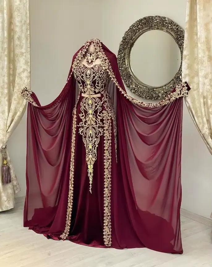 Caftan en velours bordeaux Marocain, robe de bal avec cape, voile doré, dentelle appliquée, musulman