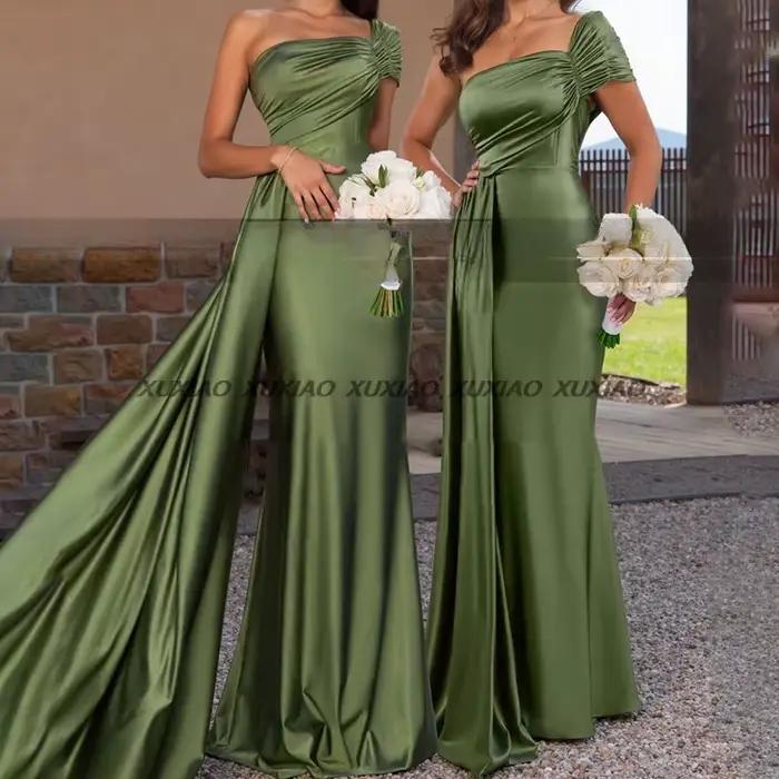 Robes de demoiselle d'honneur sirène vert Olive, personnalisées, asymétrique épaule dénudée, casquet