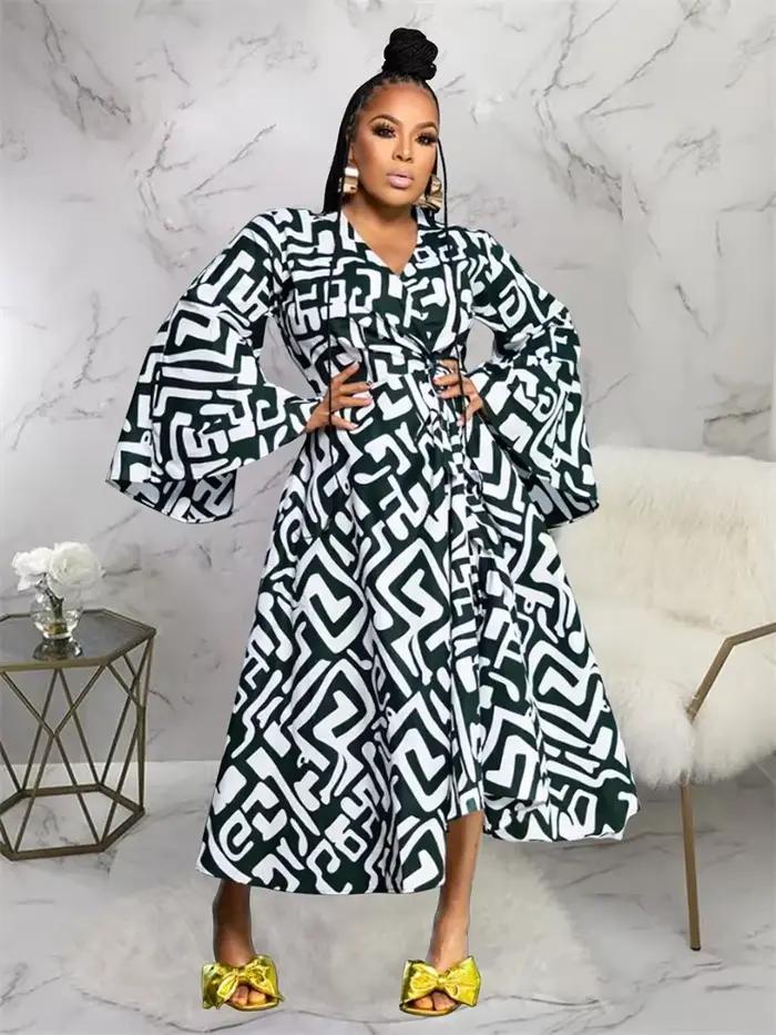 Robe maxi à manches longues évasées pour femmes, robes grande taille, col en V, imprimé dame élégant