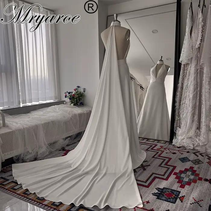 Robes de mariée Mryarce à col halter, décolleté plongeant, dos nu, coupe trapèze, avec ailes amovibl