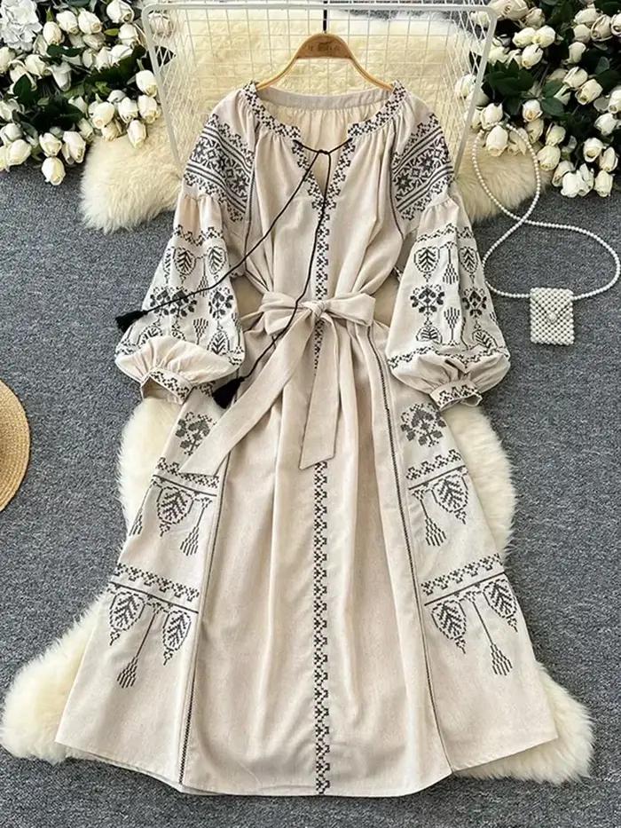 Robe longue style bohème rétro ethnique pour femme, nouvelle collection printemps-automne, brodée, à