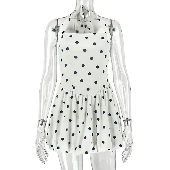 Robe élégante à col halter pour femme, imprimé pois noir et blanc, jupe trapèze, taille haute, fronc
