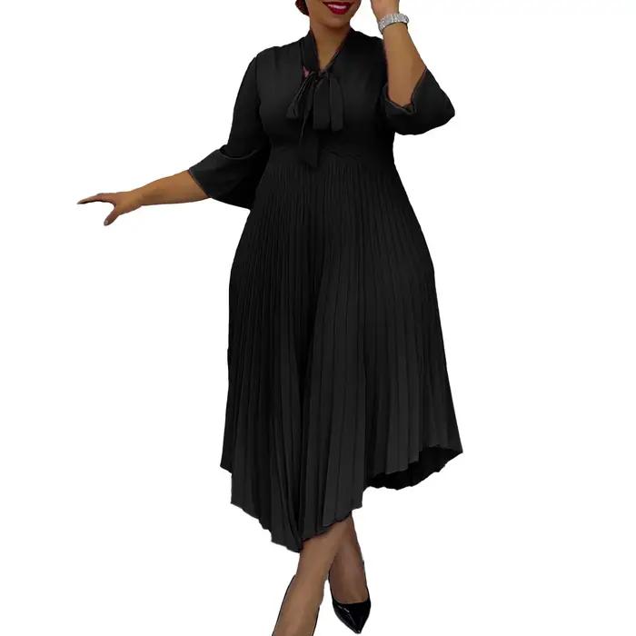 Nouvelle Robe Plissée Midi Élégante pour Femme, Coupe Trapèze, Col Nœud Papillon, Manches 3/4, Coupe