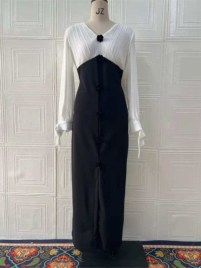 Robe de soirée élégante, couleur contrastée, col en V, populaire sur le service, tenue de femme, fen