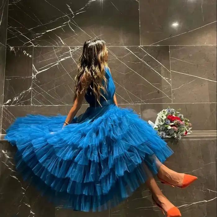Robe de soirée élégante et gracieuse pour femme, volants à plusieurs niveaux, tulle bleu, robes de s